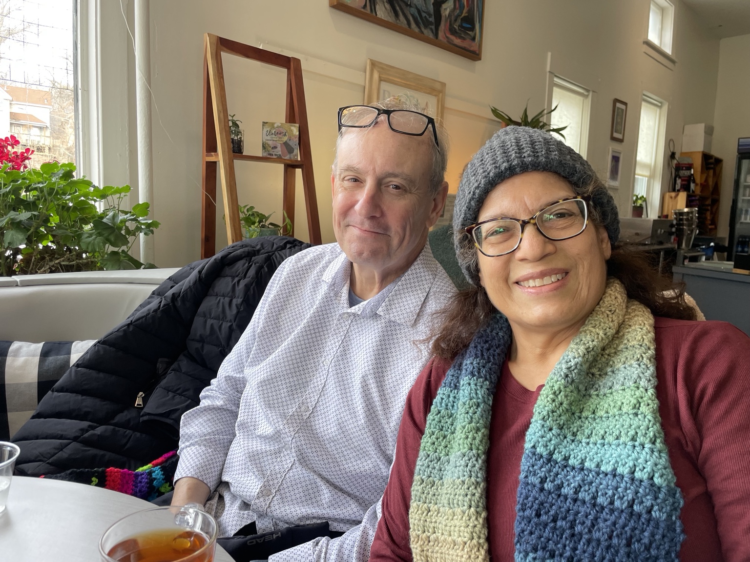 Irma and Rob sitting together in a café